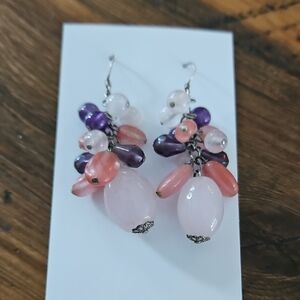 Rose and Violet Glass Bead Cluster Drop Earrings With Silver Posts